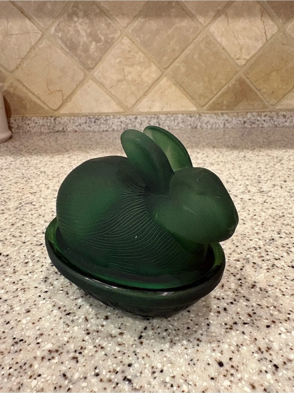 Frosted dark green glass rabbit candy dish